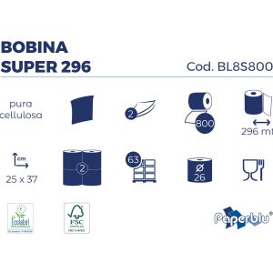 Bobina Industriale 2 Veli in Pura Cellulosa 800 Strappi 296 Mt 2 Rotoli - 2
