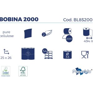 Bobina Industriale 2 Veli in Pura Cellulosa 2000 Strappi 494 Mt Strappo 25x26 Cm - 2