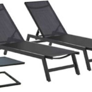 Set 2 Lettini Prendisole Impilabili in Alluminio con Ruote + Tavolino Grigio - 1