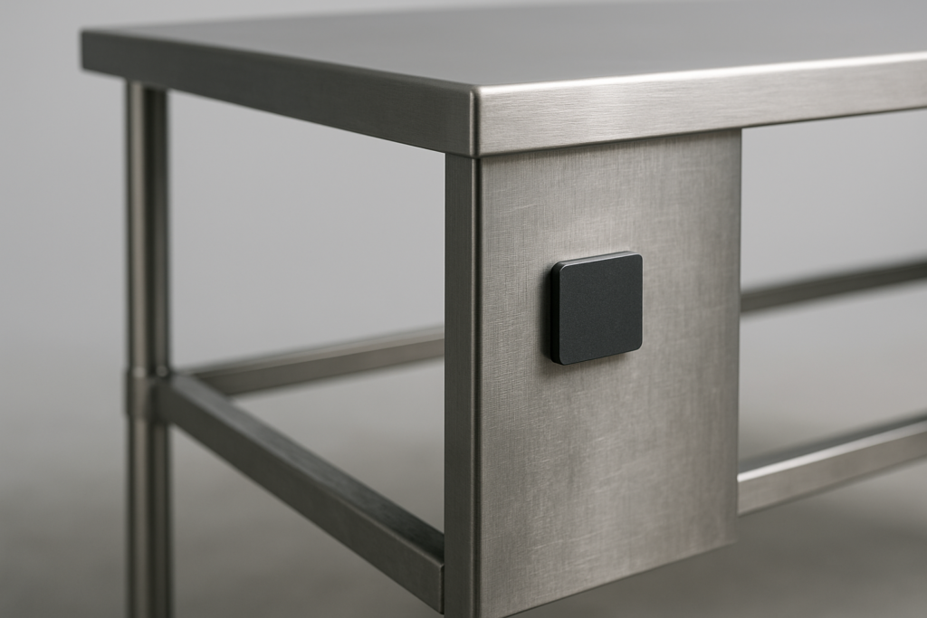 AISI 430: pannello laterale in acciaio inox ferritico con magnete aderente, struttura di tavolo professionale da cucina