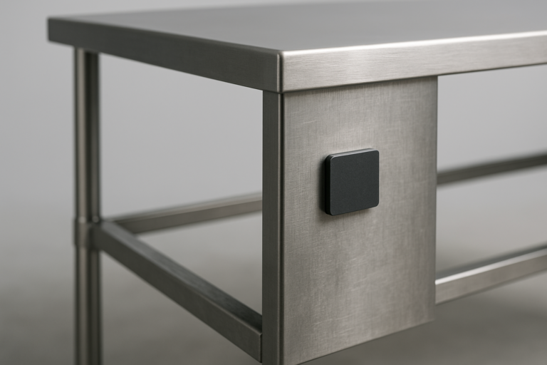 AISI 430: pannello laterale in acciaio inox ferritico con magnete aderente, struttura di tavolo professionale da cucina