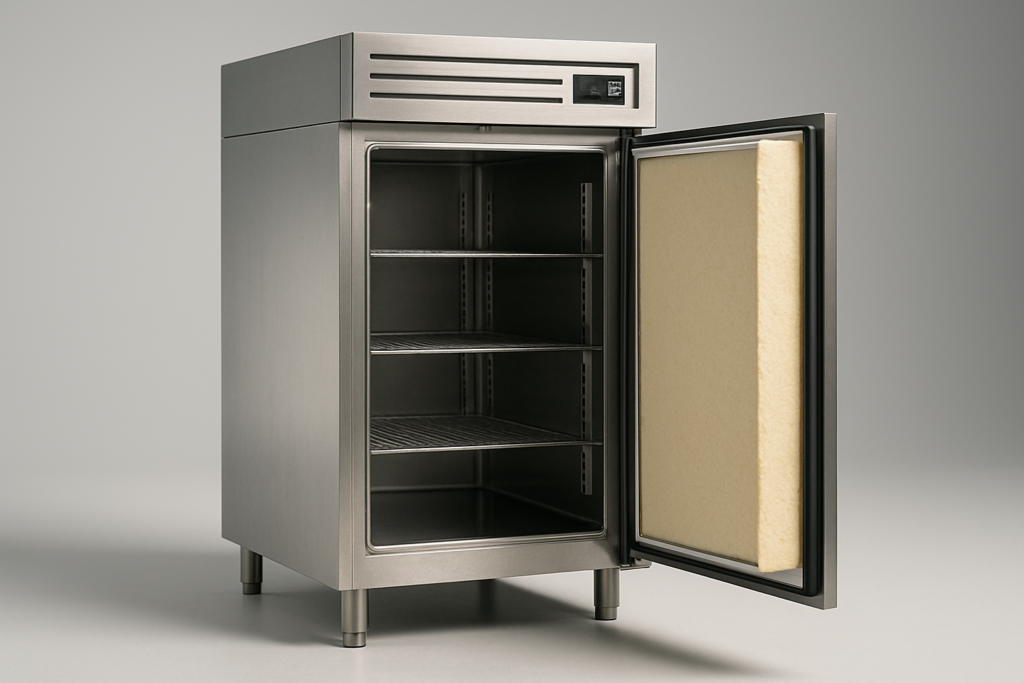 Coibentazione termico: armadio frigo professionale con porta aperta che mostra il pannello isolante in poliuretano espanso