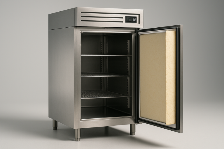 Coibentazione termico: armadio frigo professionale con porta aperta che mostra il pannello isolante in poliuretano espanso