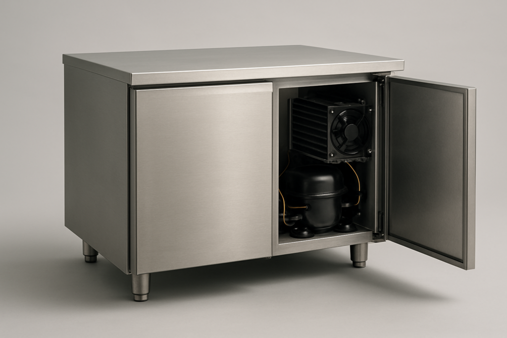 Monoblocco refrigerazione: unità frigorifera sottobanco in acciaio inox con gruppo refrigerante integrato estraibile in vista