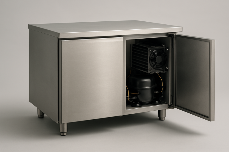 Monoblocco refrigerazione: unità frigorifera sottobanco in acciaio inox con gruppo refrigerante integrato estraibile in vista