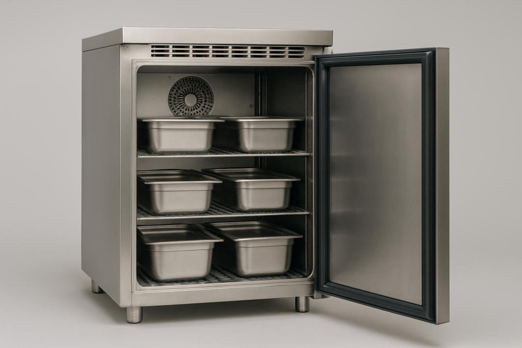 Refrigerazione ventilata: armadio frigo professionale in acciaio inox aperto con griglia ventola a parete e contenitori Gastronorm