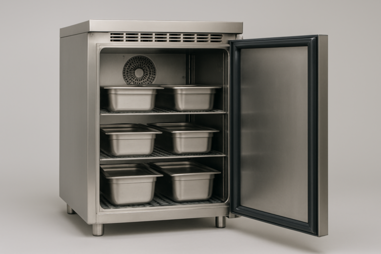 Refrigerazione ventilata: armadio frigo professionale in acciaio inox aperto con griglia ventola a parete e contenitori Gastronorm