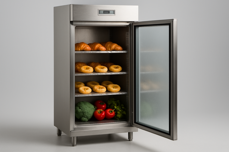 Refrigerazione statica: armadio frigo professionale in acciaio inox con pasticceria e verdure fresche, condensa visibile sulle pareti interne