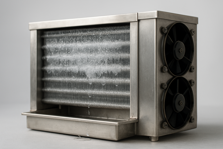 Sbrinamento automatico: evaporatore refrigerato con brina parzialmente sciolta e vaschetta raccogligocce in acciaio inox