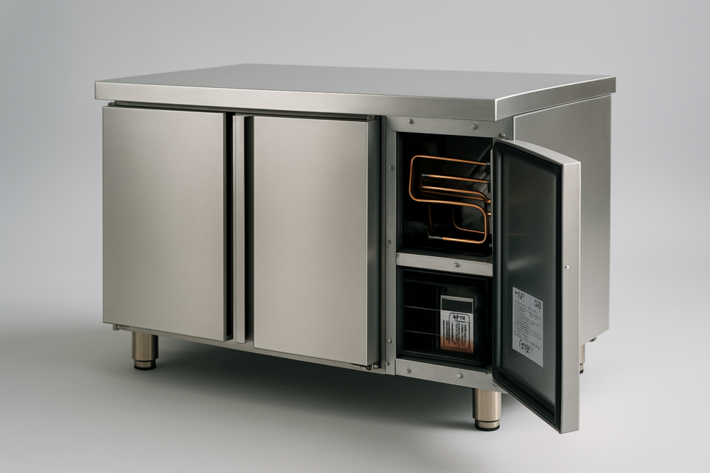 R290 refrigerante naturale propano: unità refrigerante professionale in acciaio inox con tubazioni in rame e targhetta tecnica R290 visibile