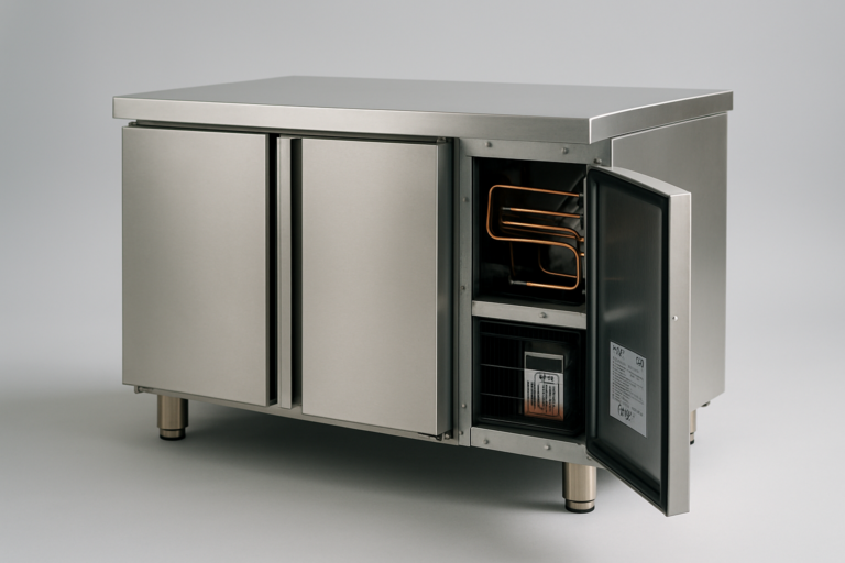 R290 refrigerante naturale propano: unità refrigerante professionale in acciaio inox con tubazioni in rame e targhetta tecnica R290 visibile