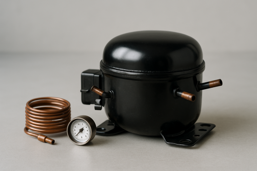 R600a isobutano: compressore frigorifero professionale in rame e acciaio con manometro, refrigerante naturale a basso GWP