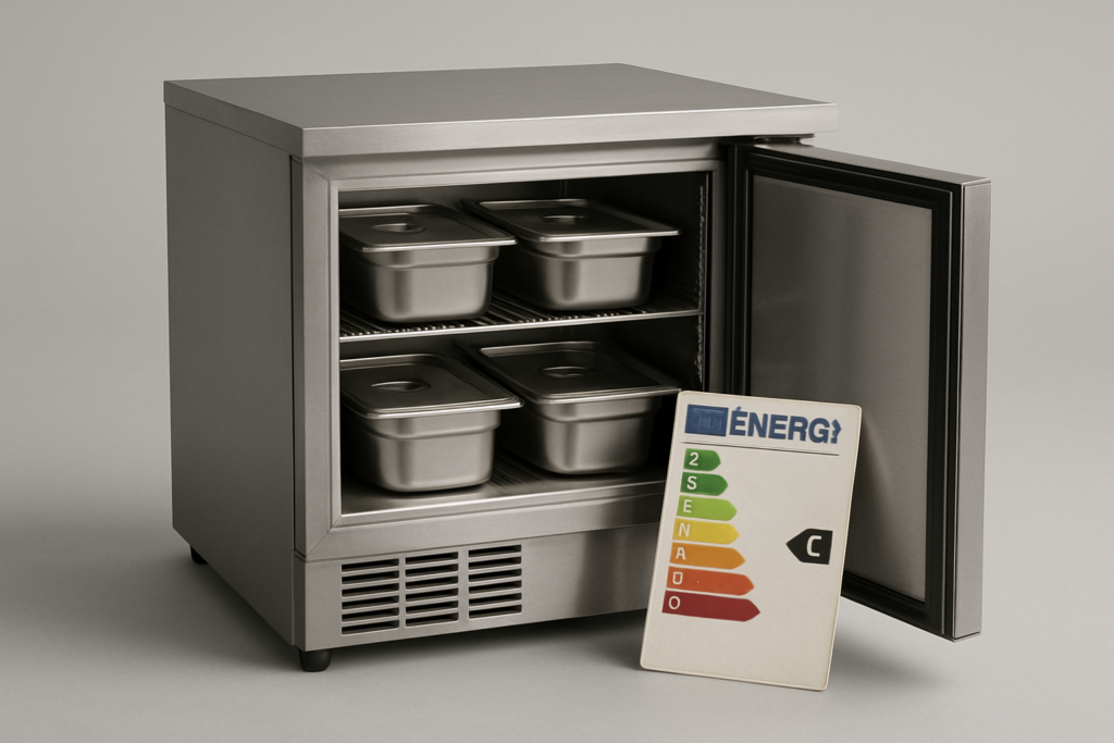 Classe energetica: frigorifero professionale in acciaio inox con etichetta UE energia appoggiata sulla porta aperta