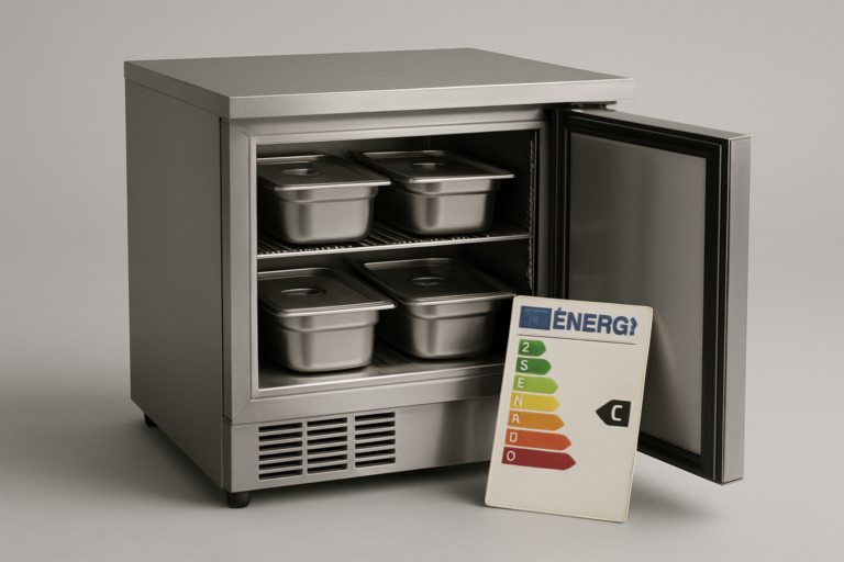 Classe energetica: frigorifero professionale in acciaio inox con etichetta UE energia appoggiata sulla porta aperta