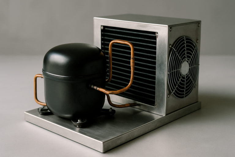 Gruppo refrigerante professionale: compressore e condensatore in acciaio inox con tubi in rame su sfondo grigio studio