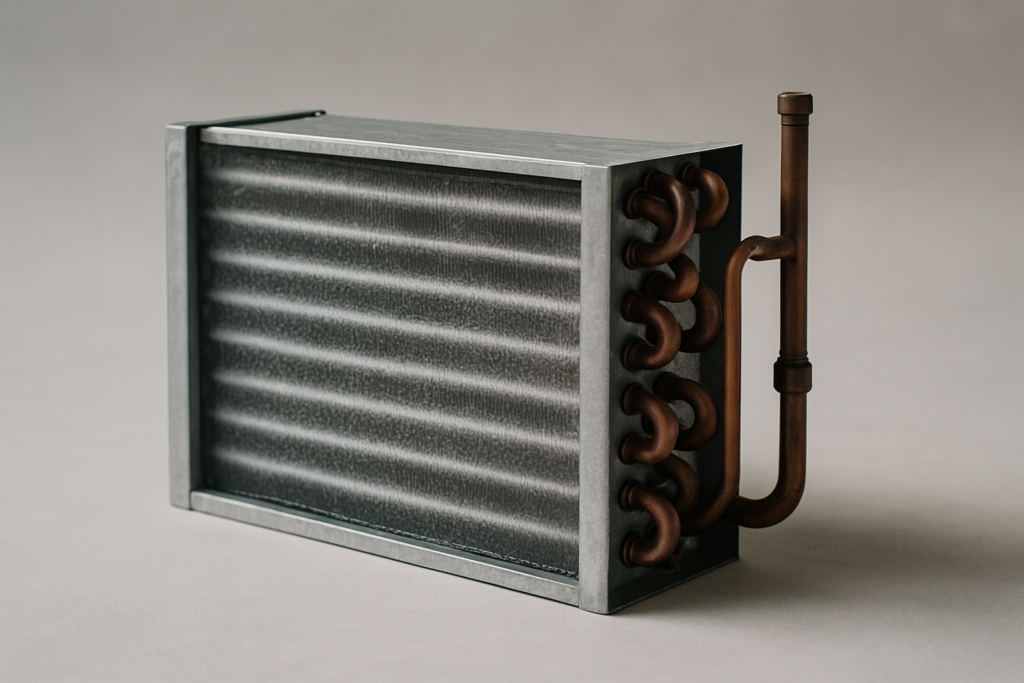 Evaporatore: scambiatore di calore a piastre alettate in alluminio e rame con leggera brina superficiale, su fondo neutro grigio studio