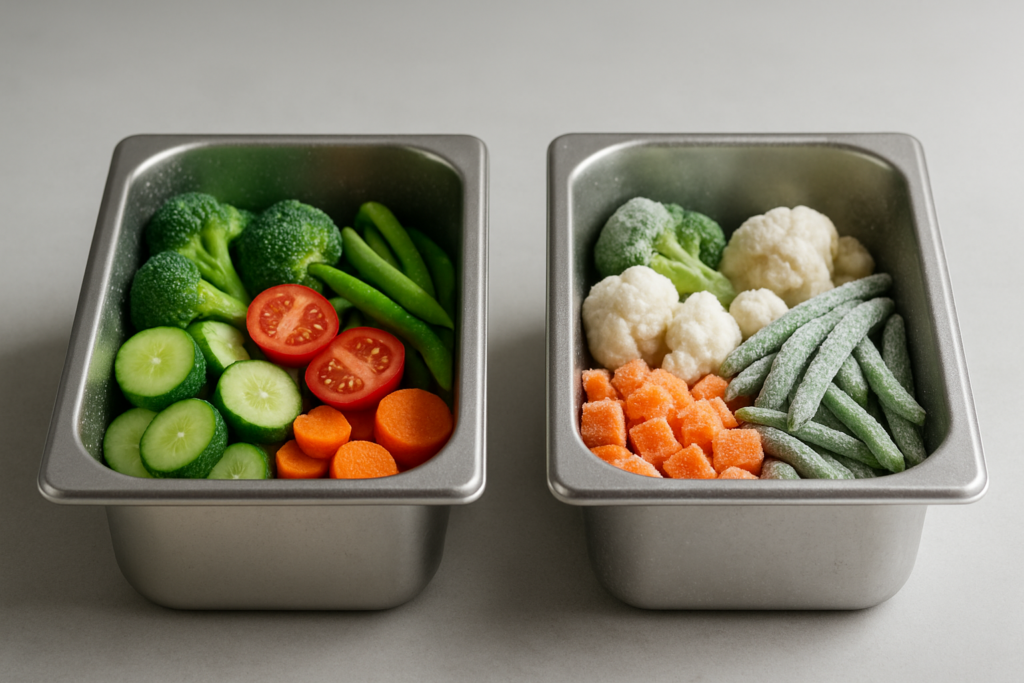 Temperatura positiva e negativa: due contenitori gastronorm affiancati, uno con verdure refrigerate e condensa, l'altro con alimenti surgelati ricoperti di cristalli di ghiaccio