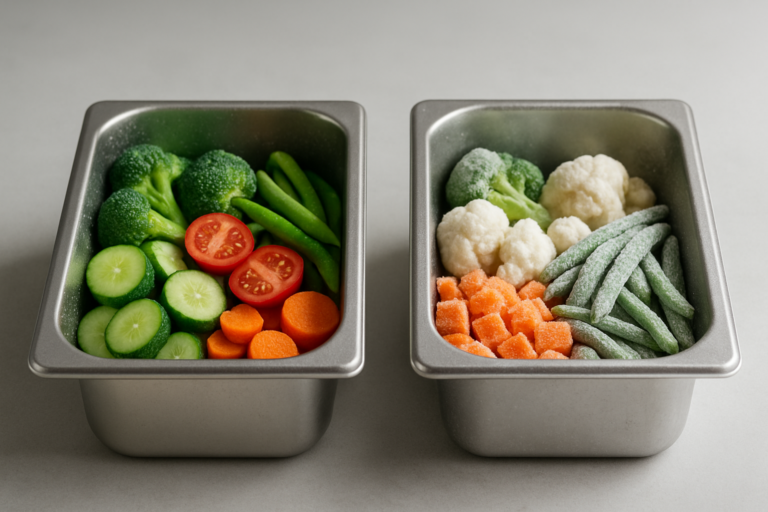 Temperatura positiva e negativa: due contenitori gastronorm affiancati, uno con verdure refrigerate e condensa, l'altro con alimenti surgelati ricoperti di cristalli di ghiaccio