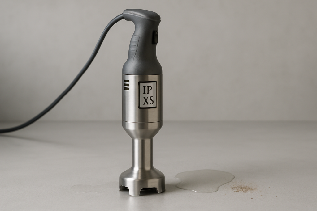 Grado di protezione IP: frullatore professionale in acciaio inox con etichetta IPX4 accanto a gocce d'acqua su fondo grigio neutro