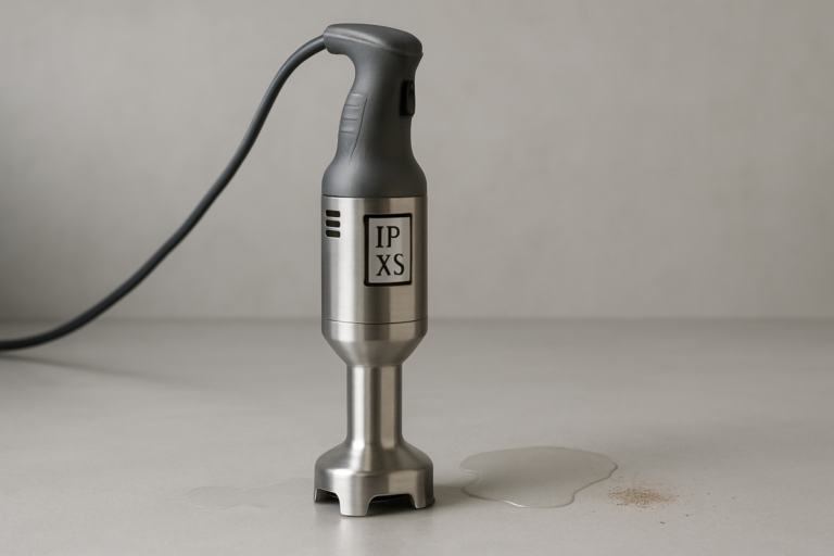 Grado di protezione IP: frullatore professionale in acciaio inox con etichetta IPX4 accanto a gocce d'acqua su fondo grigio neutro