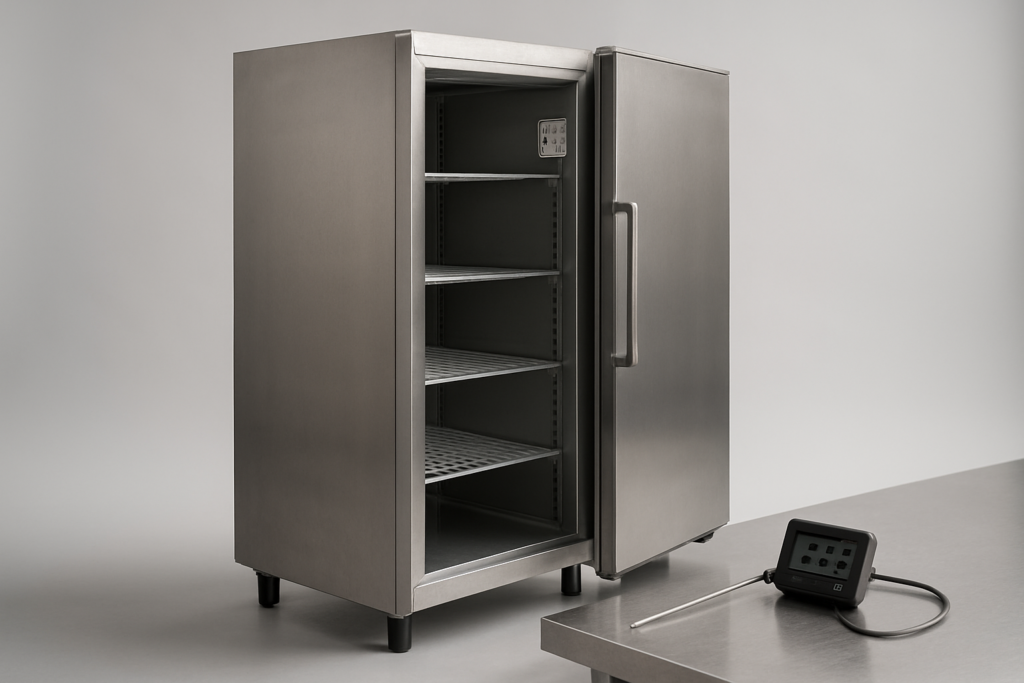 Classe climatica: armadio refrigerato professionale in acciaio inox con termometro digitale su superficie, sfondo grigio neutro da studio