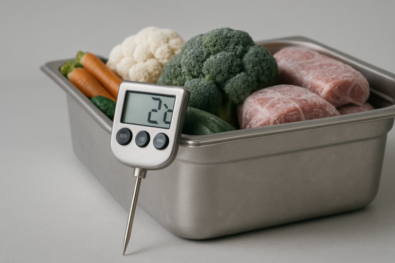 Catena del freddo: termometro digitale a sonda accanto a contenitore gastronorm refrigerato con alimenti freschi e surgelati