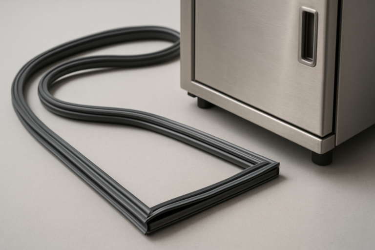 Guarnizione magnetica per porta frigo professionale: profilo in gomma a U con inserto magnetico visibile, su sfondo grigio studio