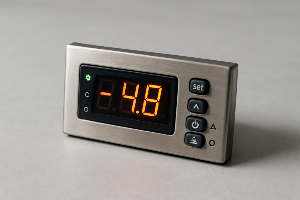 Controllo elettronico termostato digitale: centralina con display LED e tasti su superficie neutra grigia