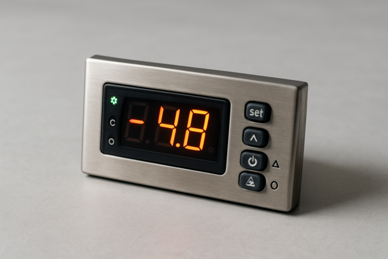 Controllo elettronico termostato digitale: centralina con display LED e tasti su superficie neutra grigia