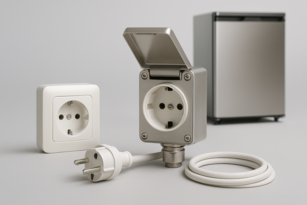 Monofase: presa Schuko 230V con cavo e mini-frigo professionale in acciaio inox su sfondo grigio studio