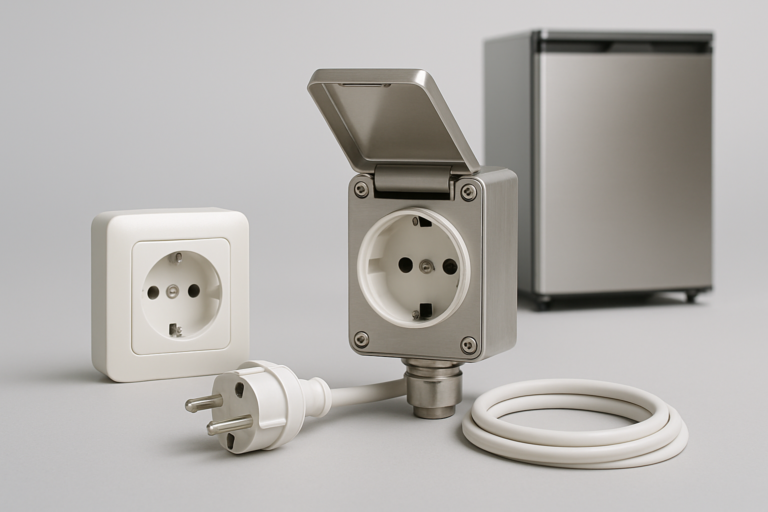 Monofase: presa Schuko 230V con cavo e mini-frigo professionale in acciaio inox su sfondo grigio studio