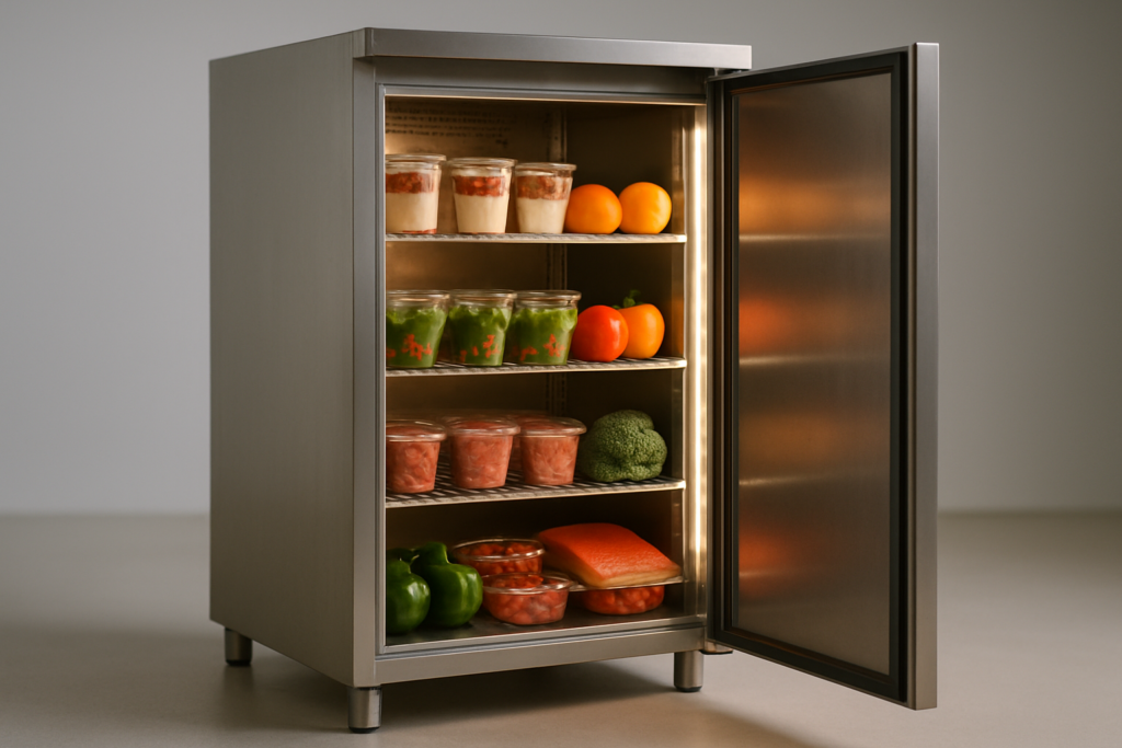 Illuminazione LED: interno di vetrina refrigerata professionale con strisce LED che valorizzano l'esposizione degli alimenti sugli scaffali in acciaio inox