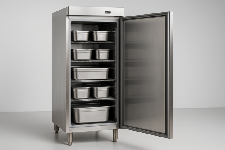 Capacità nominale: armadio refrigerato in acciaio inox aperto con ripiani colmi di contenitori gastronomici, studio grigio neutro