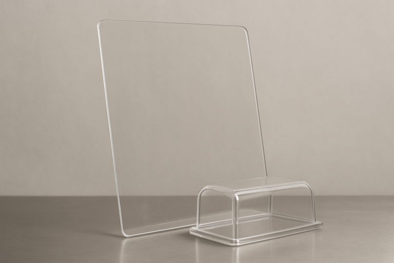 Plexiglass: pannello parafiato e cupola in acrilico trasparente su superficie in acciaio inox, studio neutro grigio chiaro