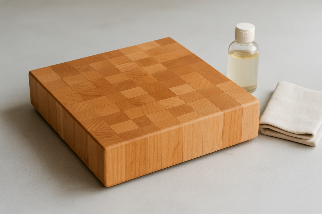 Legno massello: tagliere professionale in acero end-grain con venature naturali, olio minerale alimentare e panno su fondo grigio neutro