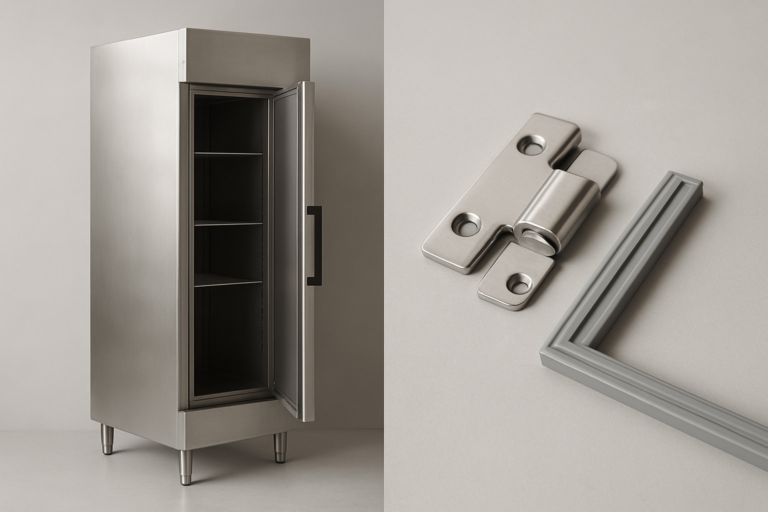 Inversione porta: armadio frigorifero professionale in acciaio inox con dettaglio cerniere e guarnizione, apertura reversibile destra-sinistra