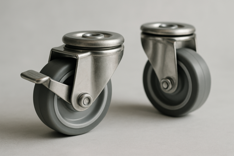 Ruote multidirezionali piroettanti in acciaio inox con freno per carrelli professionali da ristorazione, riprese in studio