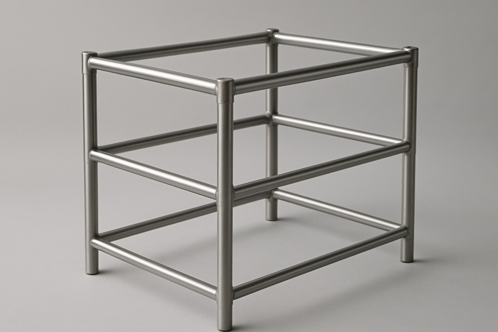 Struttura tubolare in acciaio inox: telaio saldato di carrello professionale con profili cilindrici e giunti a vista, sfondo neutro grigio