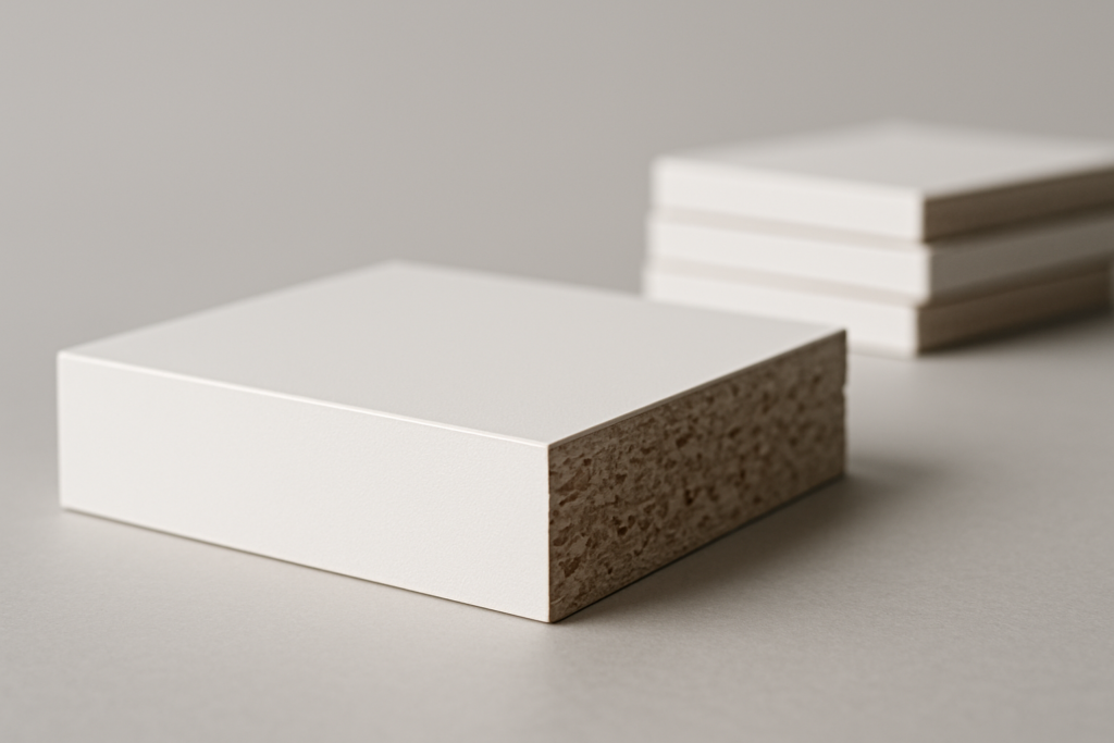 Nobilitato: sezione trasversale di pannello truciolare rivestito in melamina con nucleo in particelle di legno visibile sul taglio