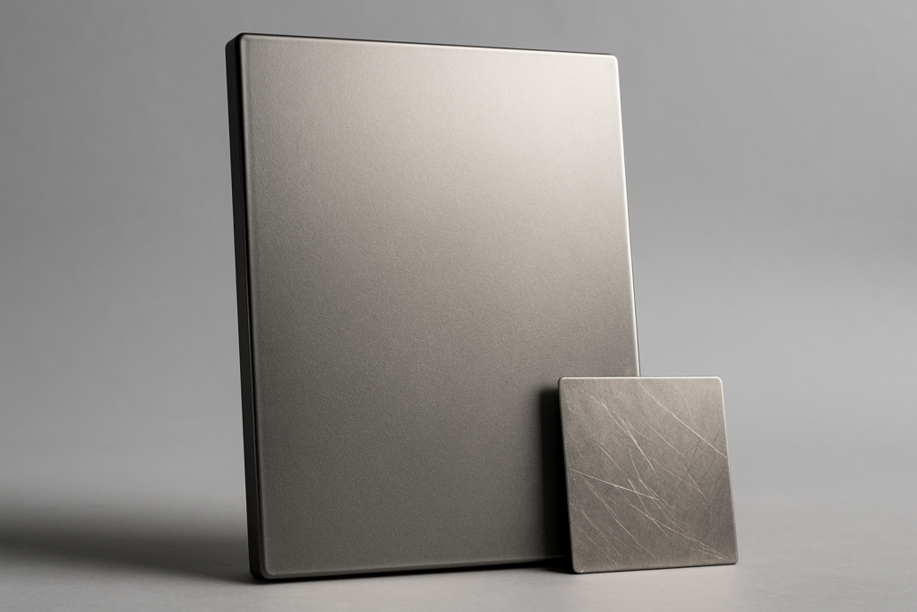 Vernice antigraffio su pannello professionale in acciaio inox con superficie opaca resistente all'abrasione, confronto con campione non trattato