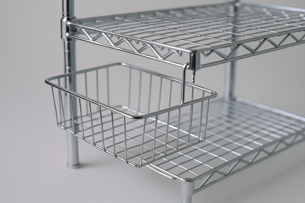 Cromatura: ripiano e cesta in filo metallico cromato lucido, superficie riflettente a griglia, tipici di scaffali e griglie di servizio professionale