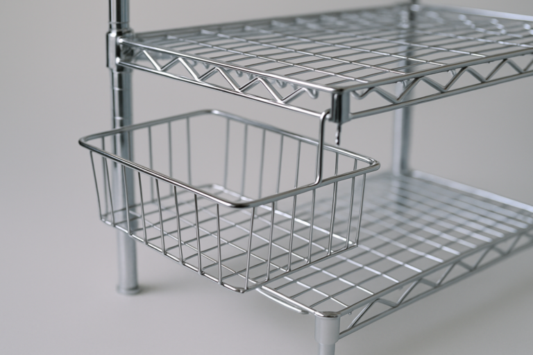 Cromatura: ripiano e cesta in filo metallico cromato lucido, superficie riflettente a griglia, tipici di scaffali e griglie di servizio professionale