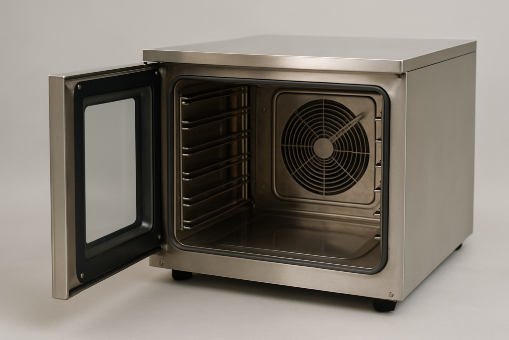 Convezione: forno professionale ventilato aperto con ventola interna visibile, acciaio inox, sfondo grigio studio neutro
