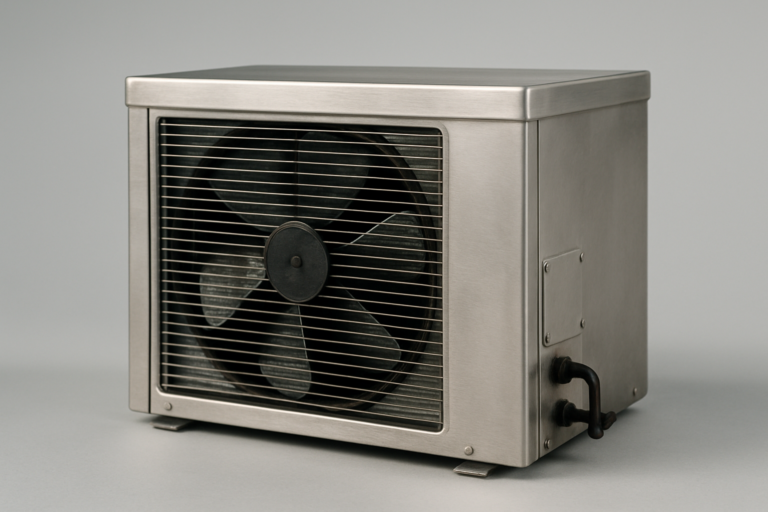 Raffreddamento ad aria: condensatore professionale in acciaio inox con griglia di ventilazione e ventola, su sfondo studio grigio neutro