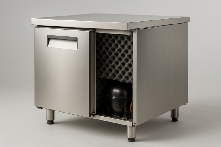 Insonorizzazione: pannello laterale di un'unità refrigerante professionale aperto che rivela il rivestimento fonoassorbente interno attorno al compressore