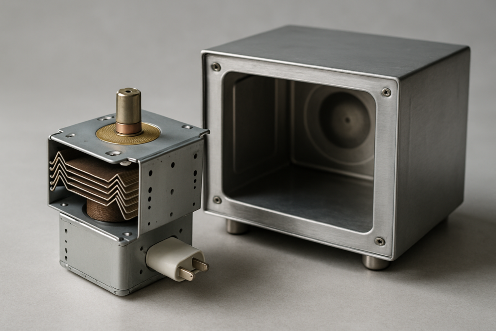 Magnetron: tubo a magnetron con alette di raffreddamento in rame accanto a forno a microonde professionale in acciaio inox aperto