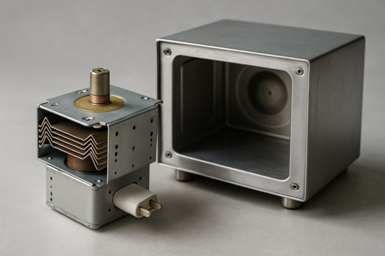 Magnetron: tubo a magnetron con alette di raffreddamento in rame accanto a forno a microonde professionale in acciaio inox aperto