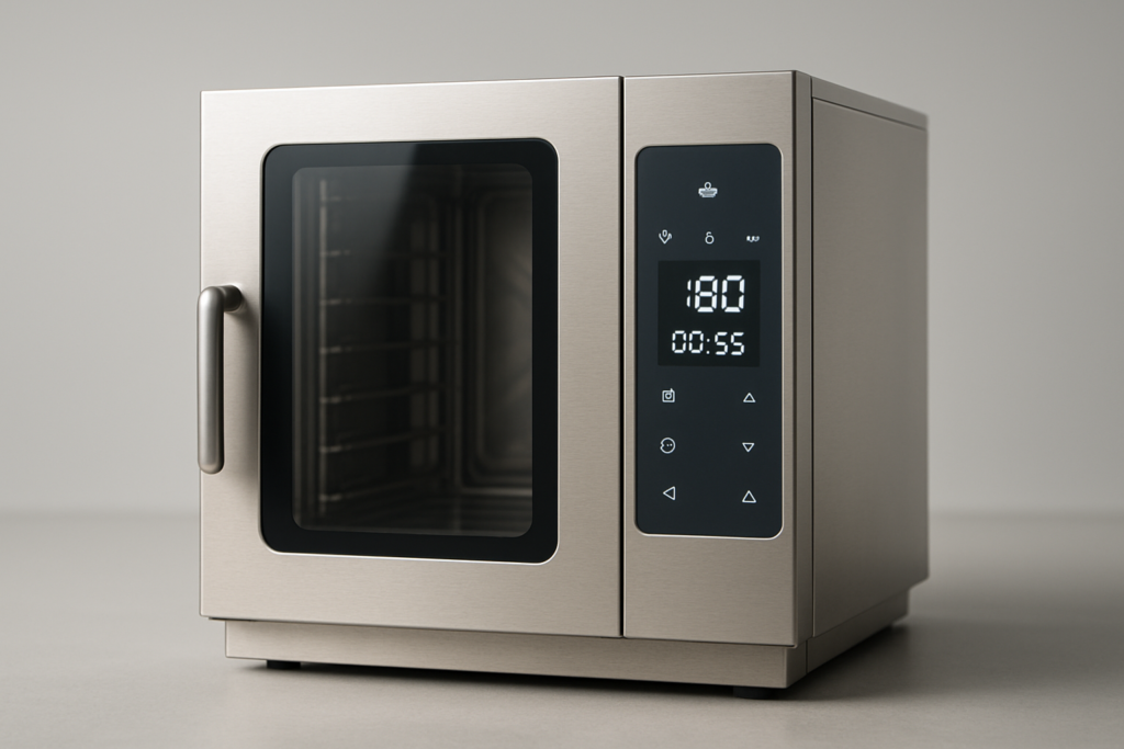 Touch control: pannello comandi a sfioramento su attrezzatura professionale HoReCa in acciaio inox con display digitale retroilluminato