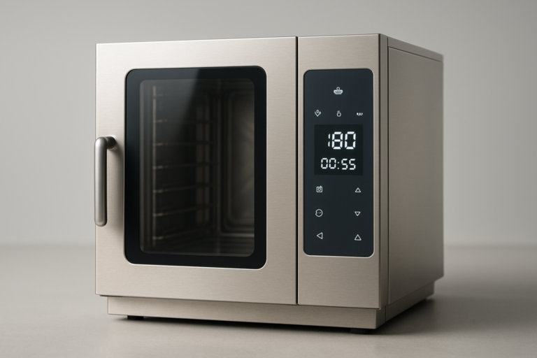 Touch control: pannello comandi a sfioramento su attrezzatura professionale HoReCa in acciaio inox con display digitale retroilluminato