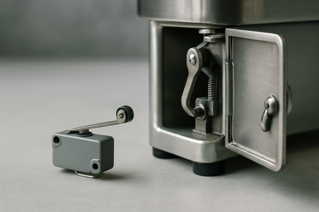 Microinterruttore di sicurezza: dispositivo a leva su pannello in acciaio inox con sportello aperto, attrezzatura professionale HoReCa